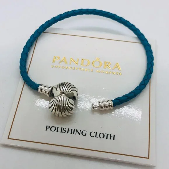🌞📖Pandora Moments Seashell Clasp Turquoise Braided Leather Bracelet - Picture 4 of 5